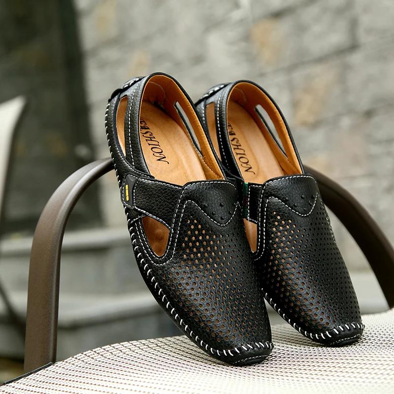 Fashion Summer Men Casual Leather Shoes Soft Bottom Designer Hollow Out Loafers Italian Outdoor Designer Breathable Slip on Boat Flats