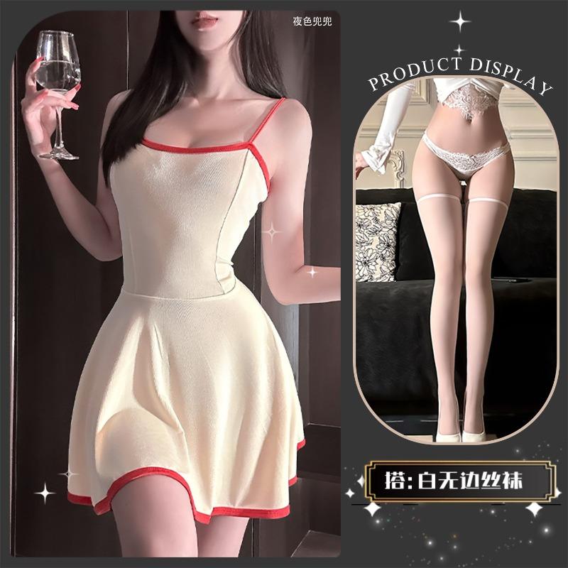 Sex underwear pure desire square neck suspender contrasting color dress temperament summer new design sense waist