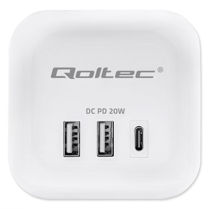 Kostka zasilająca Qoltec przedłużacz 6w1 z podświetlanym włącznikiem | 3x AC | 2x USB | 1x USB-C PD 20W | Biała | Kabel 2m