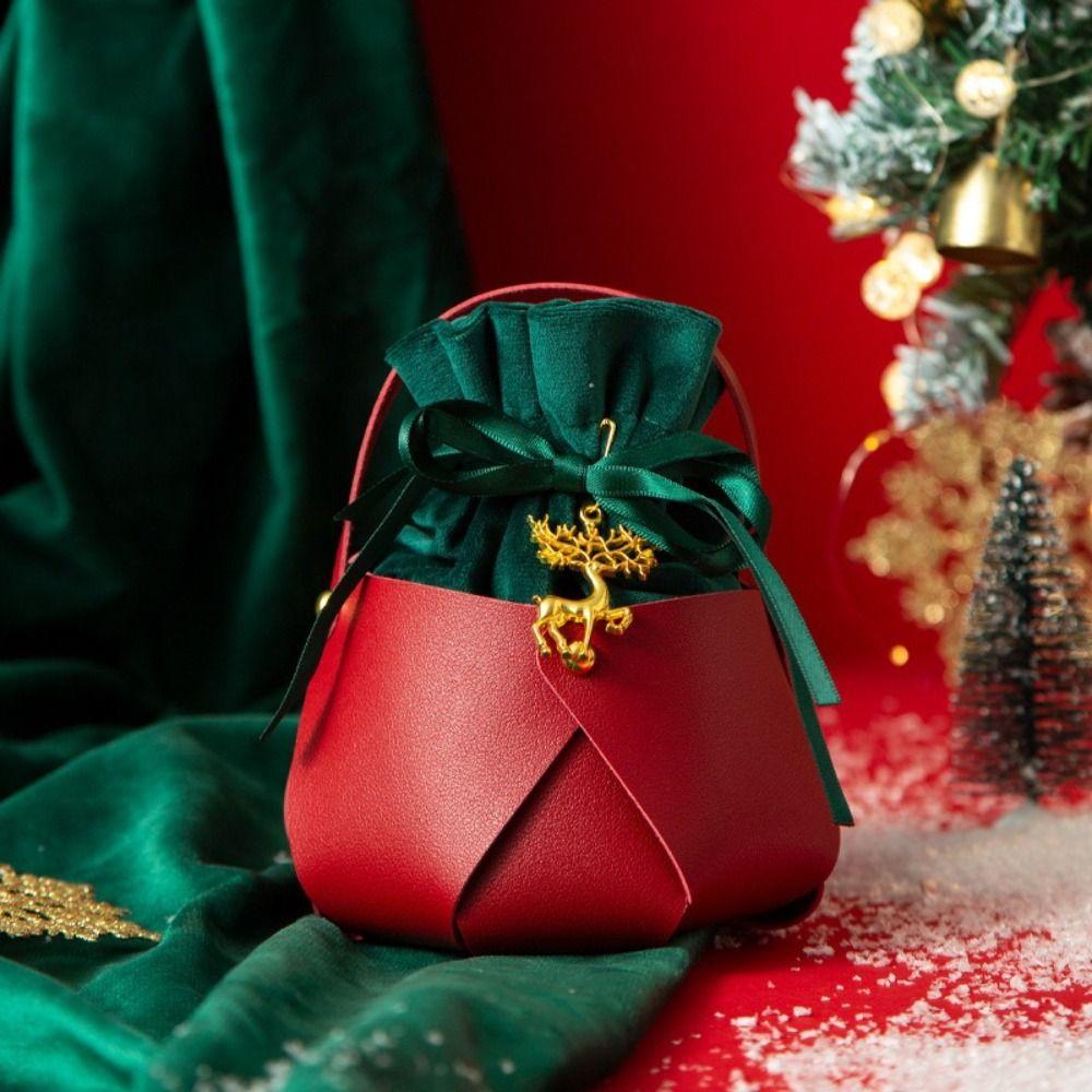 Red Green Design Christmas Gift Bags Flannel Fabric Leather Handled Bags Candy Bags  Wedding Favors
