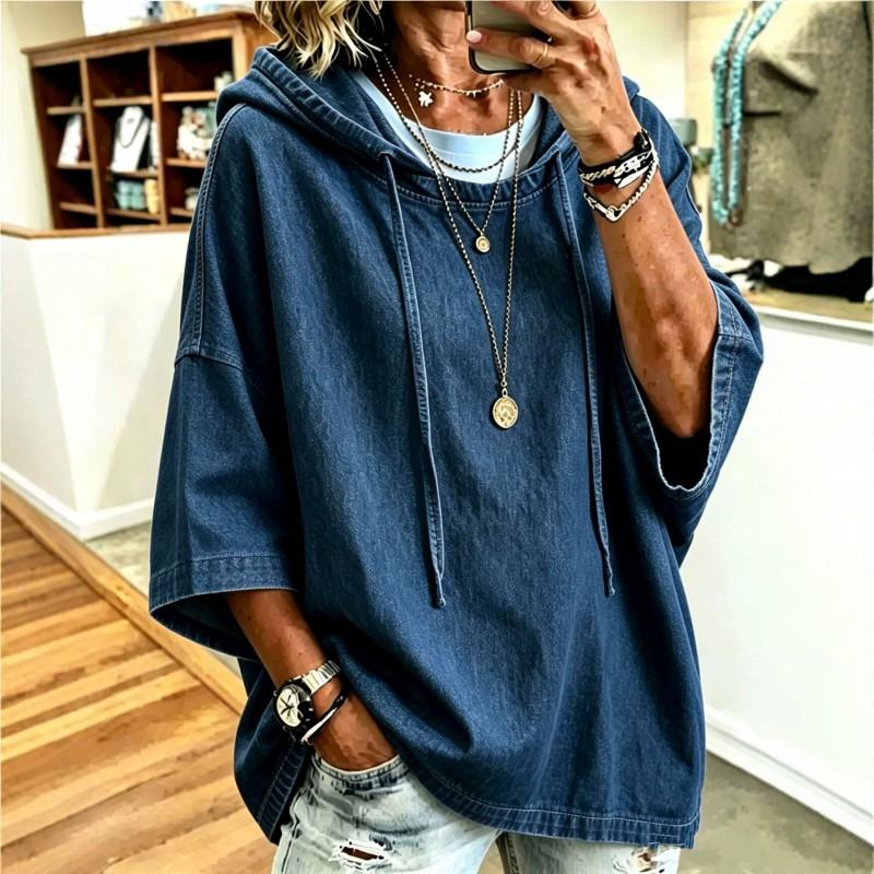 2026 Damska Oversize Jeansowa Bluza z Kapturem Rękawy nietoperz Luźny Krój Casual Chic Bluzka