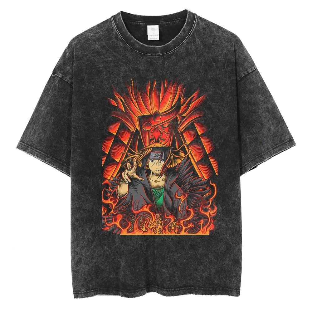 Harajuku Streetwear Vintage TShirt Japanese Anime Naruto Oversize T Shirt Washed Black Tshirt Men Summer Cotton Top Tees