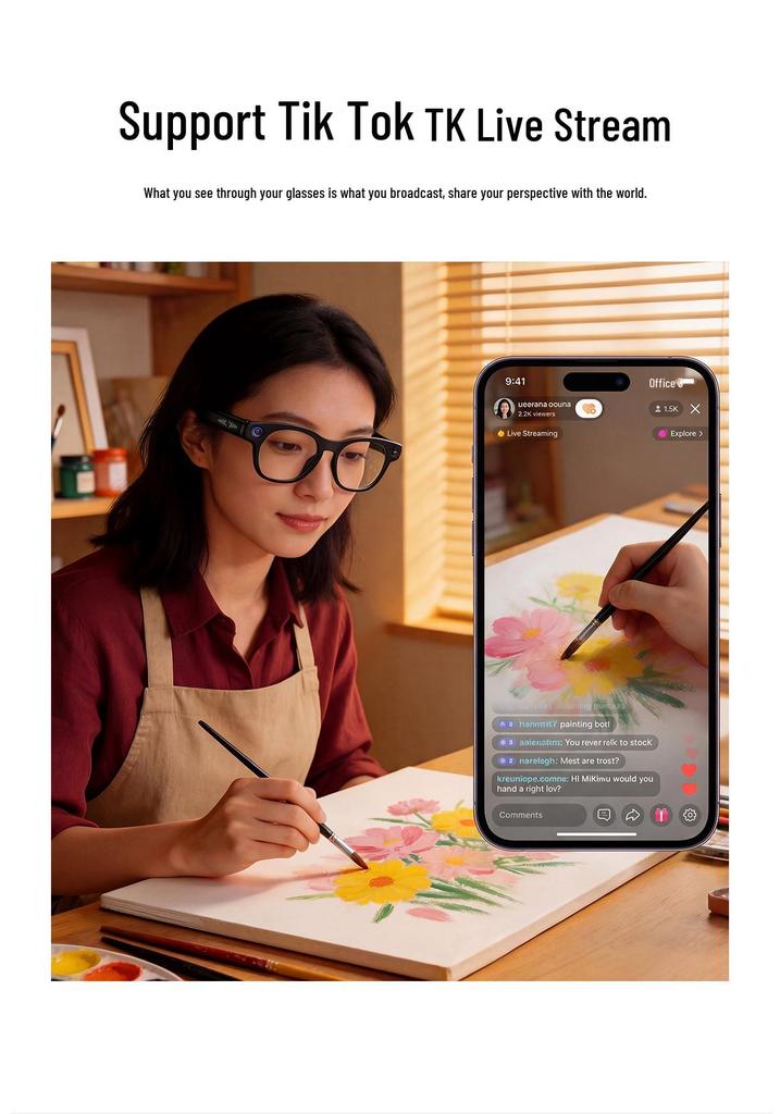 Óculos Smart HD com Transmissão ao Vivo, Gravação, Fotografia e Tradução em Tempo Real