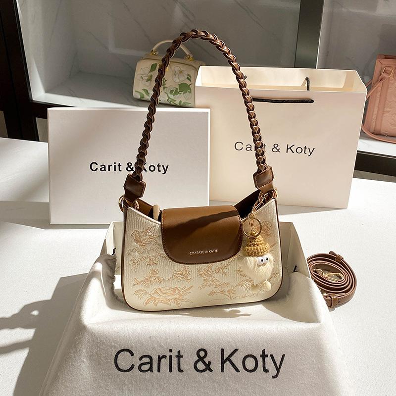 

China-Chic Heavy Industry Embroidery Staff Bag Autumn and Winter New Advanced Color Contrast Underarm Bag коричневий