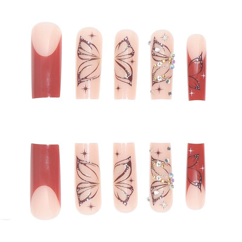 Long French Style Butterfly Nail Tips With Glitter Rhinestones - Press-On Nails Women Gel Adhesive Jelly Glue Options