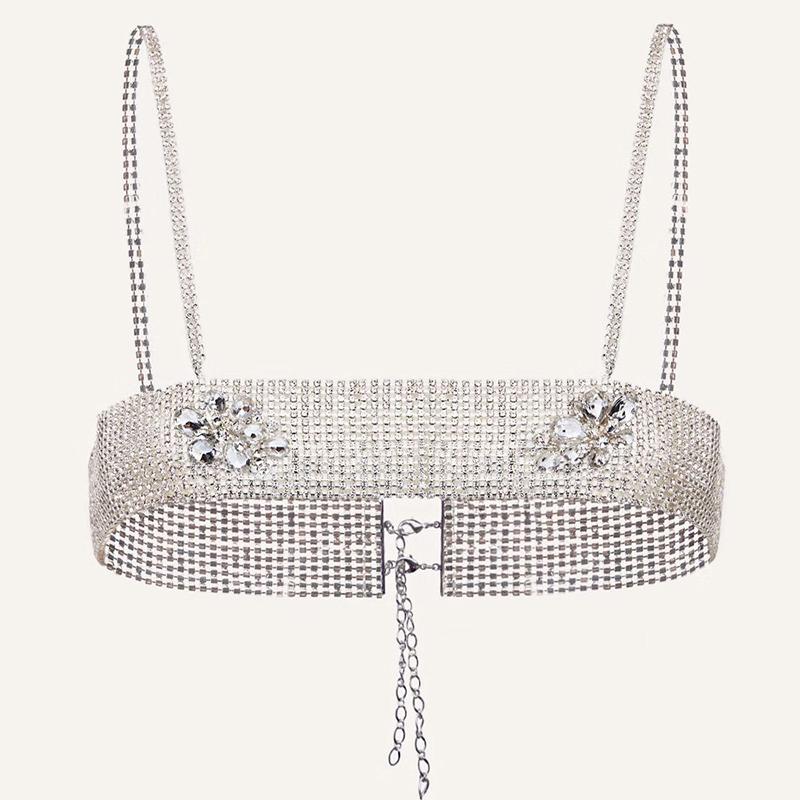 Nouveauté 2023 Chaîne de Soutien-gorge Sexy pour Femme à Strass Bandeau Maille Argentée Poitrine Bijoux en Cristal Haut