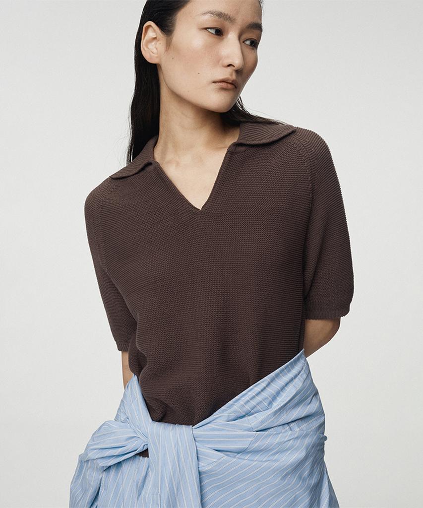 UMARMUNG Pure Cotton Half Sleeve Collared Pullover_Brown