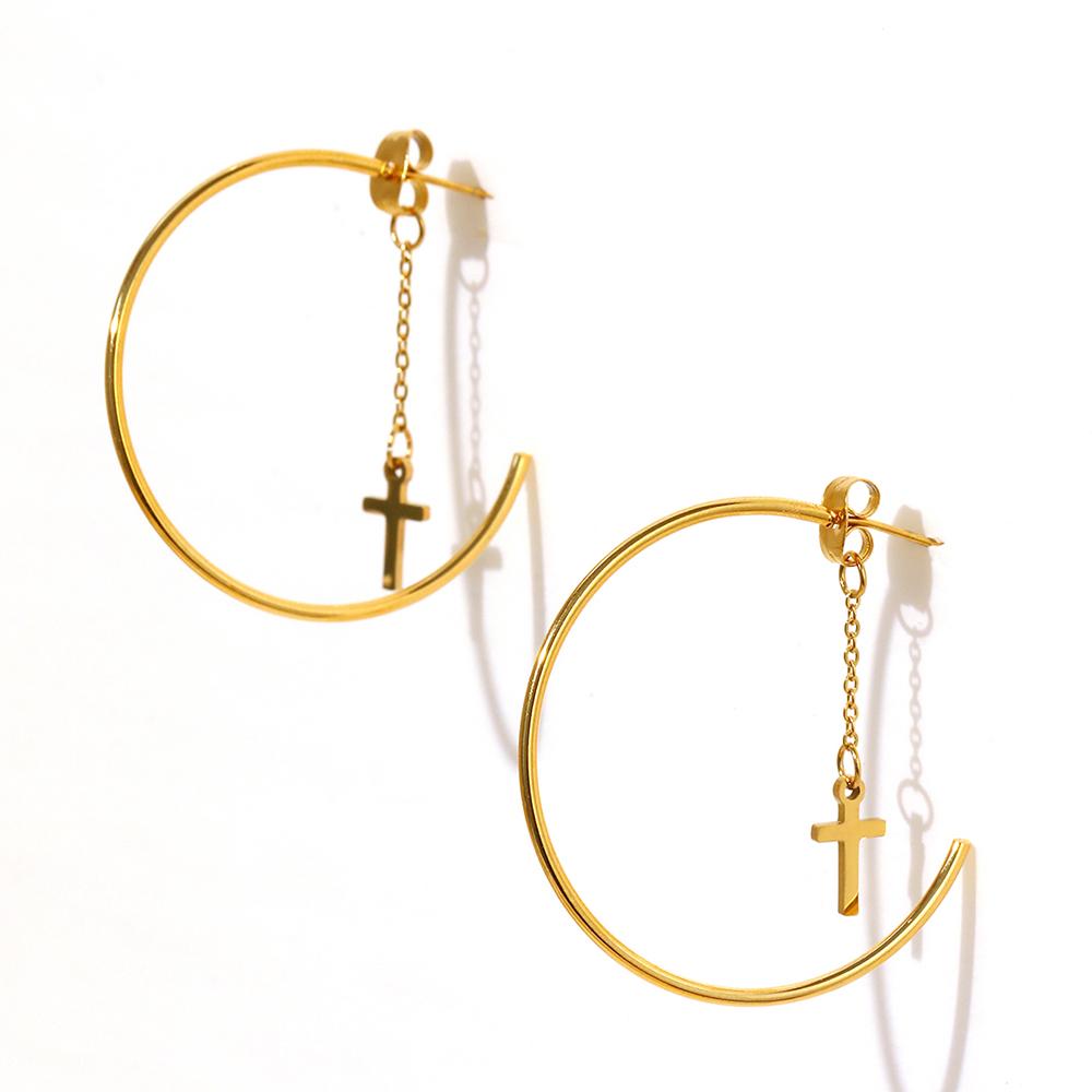 Stainless Steel Earrings C-shape Punk Cross Pendant Classic Fashion Personality Dangle Earrings For Women Zircon Banquet Gifts