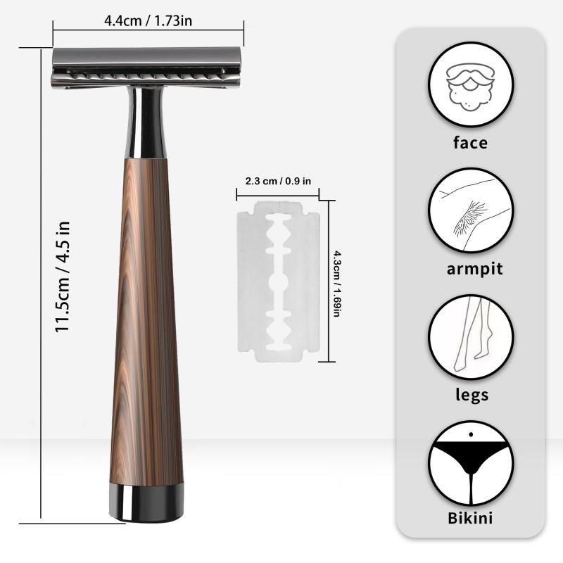 Double Edge Safety Razor, Faux Wood Zinc Alloy Handle Razor With 5 Stainless Steel Blades, Heavy Duty Eco-Friendly Razor