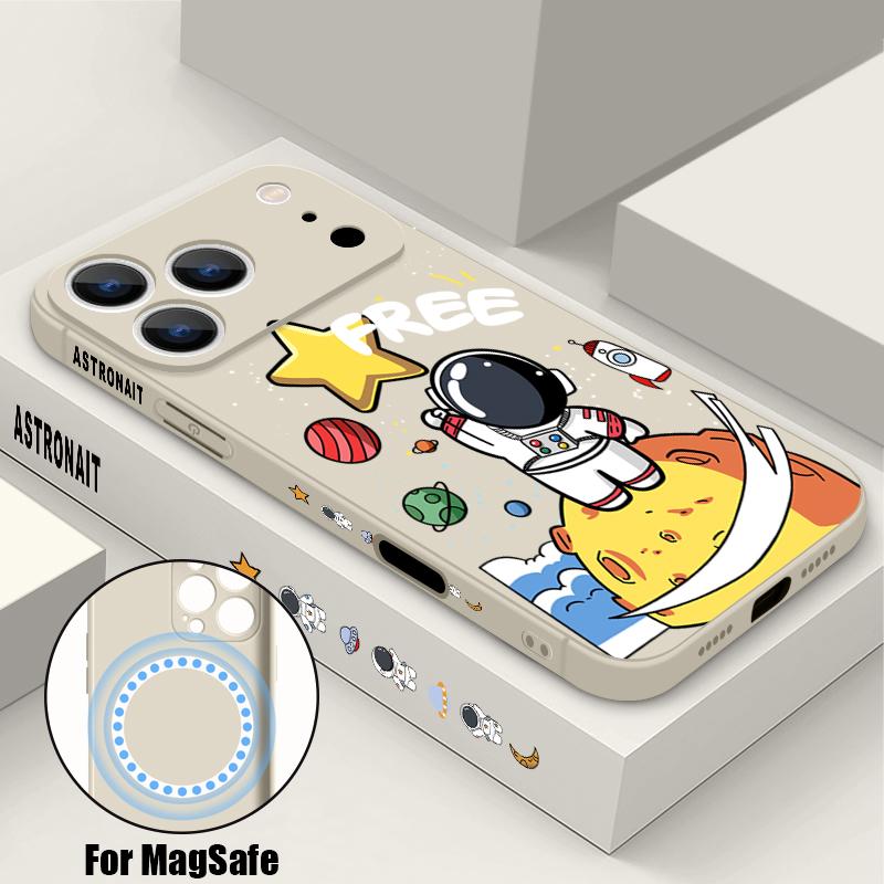 

Cartoon Astonaut Planet Pattern Case For iPhone 16 Pro Max Magnetic For Magsafe Soft Cover For iPhone 17 15 14 13 Pro Max 17E 16E iPhone 13 Pro Max бежевий