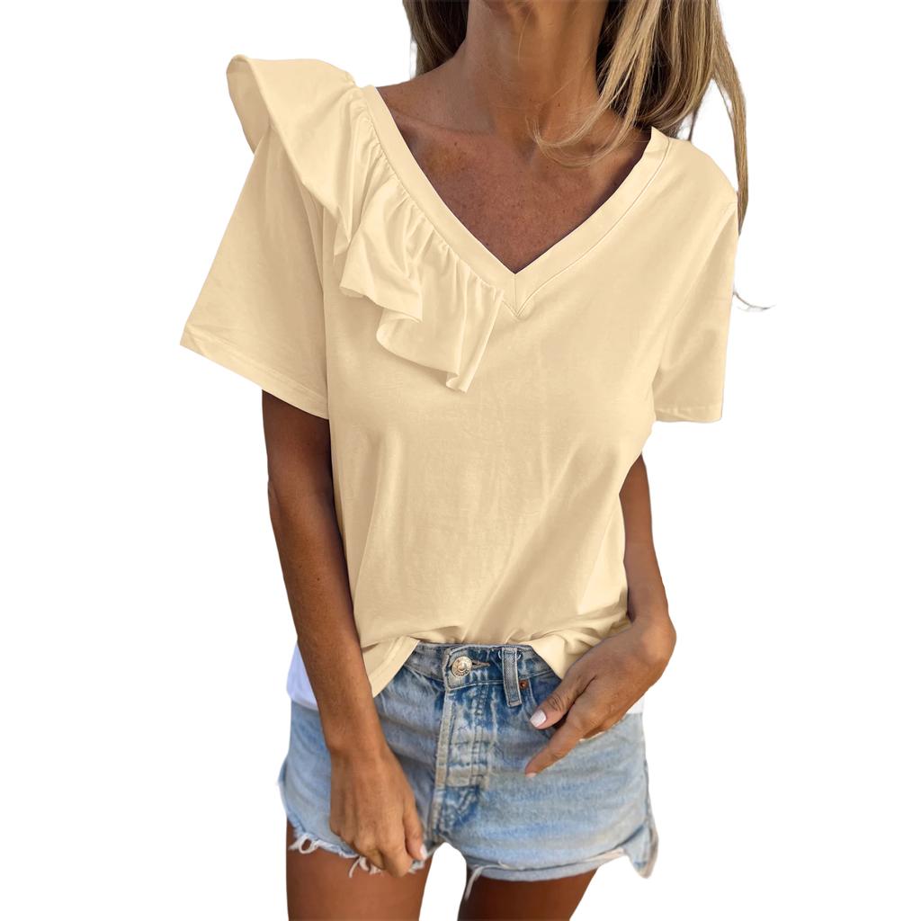 Women's Fashion Solid Color V-Neck Short Sleeve T-Shirt With Half Ruffle Shirt