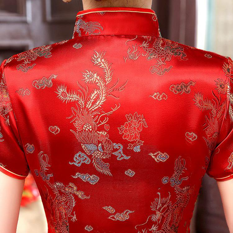 Vestido Cheongsam Retro Brocado Dragão Fênix com Gola Alta e Botões Rã para Mulheres