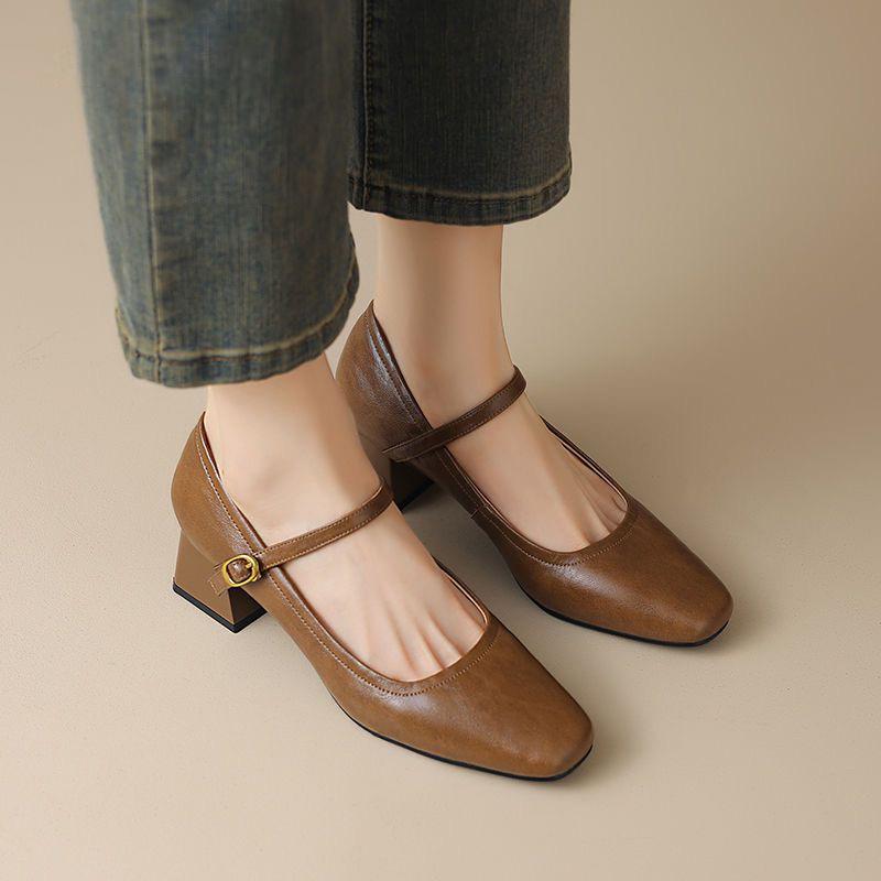 Mode Vår /Höst Damskor 2025 Nya Retro Fyrkantig Tå Mjukt Läder Höga Klackar Mary Jane Skor Mode Låg Utskärning Enkla Skor
