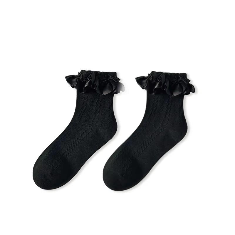 6 Pairs Woman Socks Solid Black White Lolita Lacework Ruffle Socks Summer Thin Japanese Style Kawaii Sweet Girls Short Socks