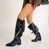 Metal Chain Tall Boots Fashion Pointed Toe Sleeve Belt Buckle Soft Sole Anti-Slip Wear-Resistant Block Heel Shoes