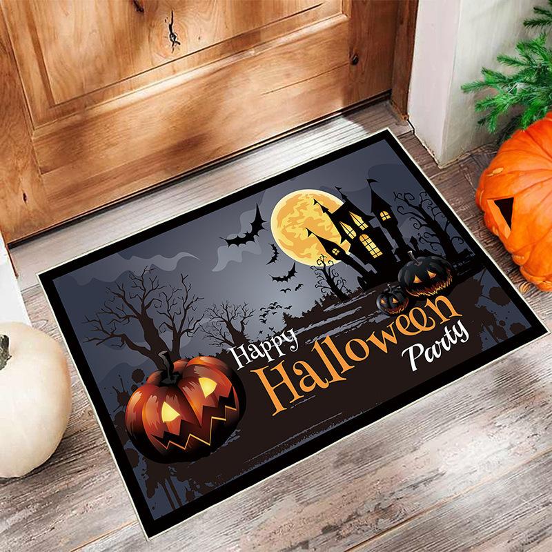 Halloween Pumpkin Bat Print Door Mat Carpet Festive Home Decor Black Cat Castle Moon Spooky Party Decor Floor Mat Indoor Outdoor