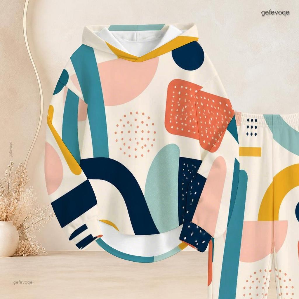 Women Plus Size Two Piece Outfit Long Sleeve Hooded Printed Top Cuffed Pants Black Grey Blue
