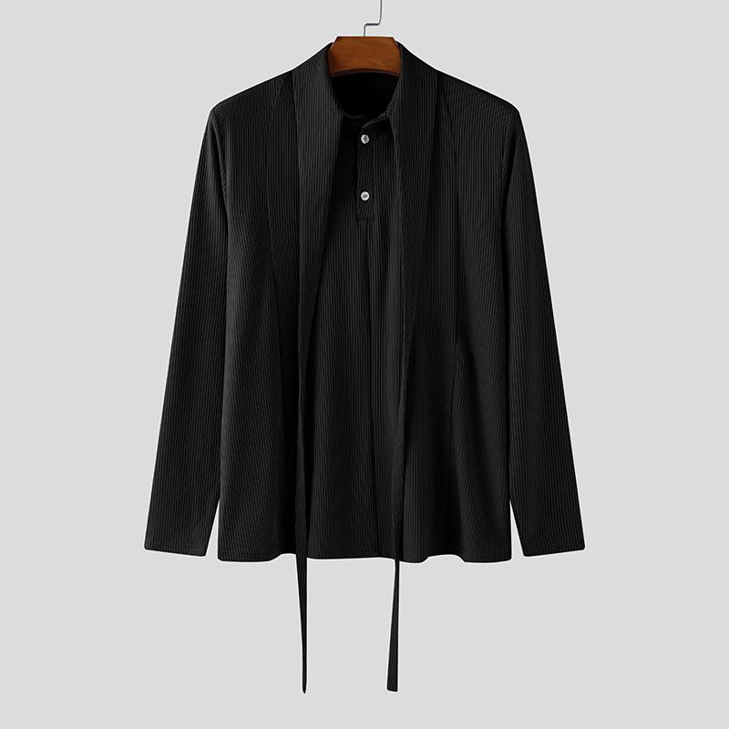 INCERUN Men Lapel Neck Long Sleeve Button Rib Texture Casual Tops T-shirts
