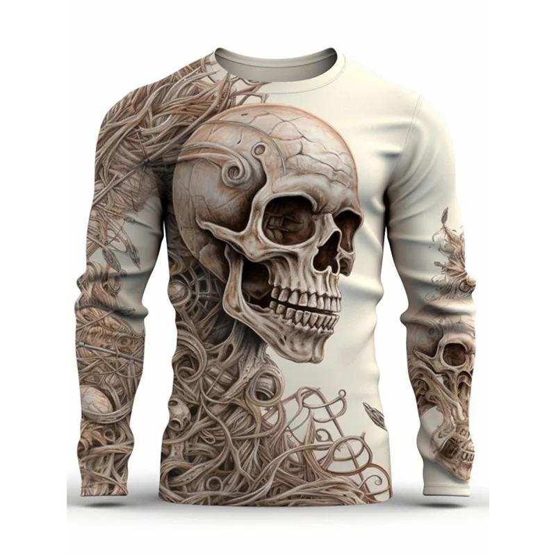 Polyester 3D All Over Print Men Long Sleeve T-shirt Crew Neck Skull Skeleton Pattern Halloween Street Tops