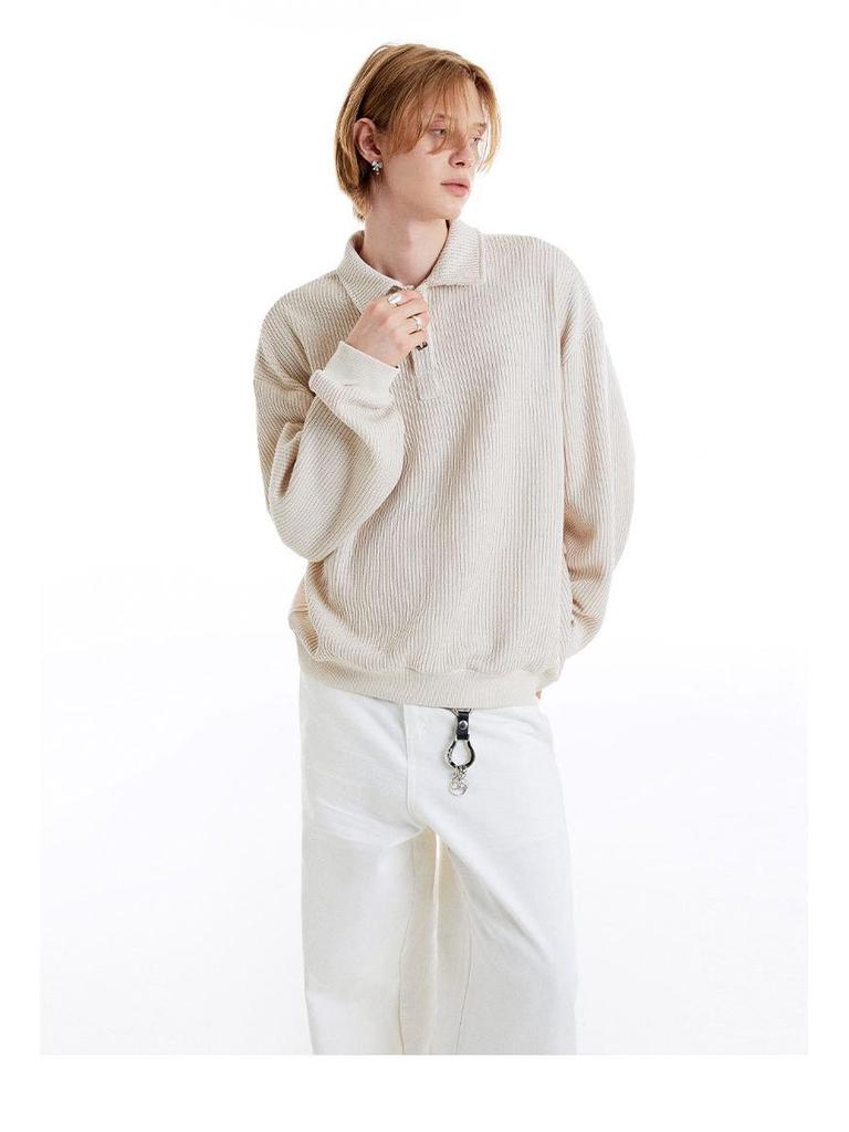 MADEEXTREME 380g Textured Vintage Preserved Flower Button Knit Long Sleeve Polo with Turn-Down Collar