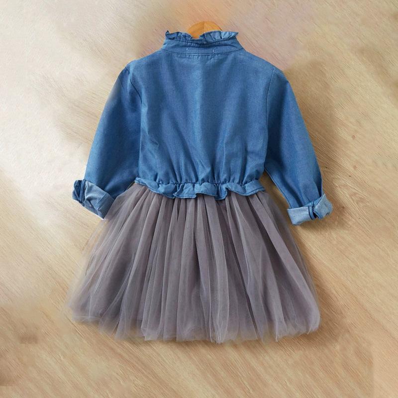 Girls Dress Autumn Long Spring Sleeve Denim Mesh Dress Kids Puffy Tulle Dresses Children Denim Skirt