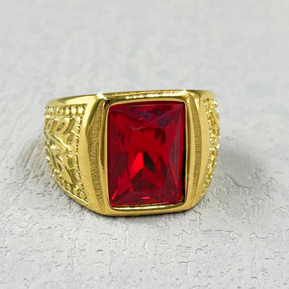 Vintage Gothic Edelstahlringe für Männer und Frauen Gravierte Blumen mit rotem großem Stein Schmuck