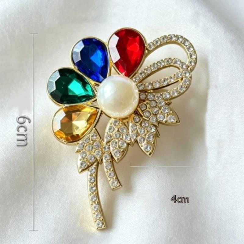 Women's Flower Brooch with Colorful Rhinestones and Elegant Plant Design for Parties