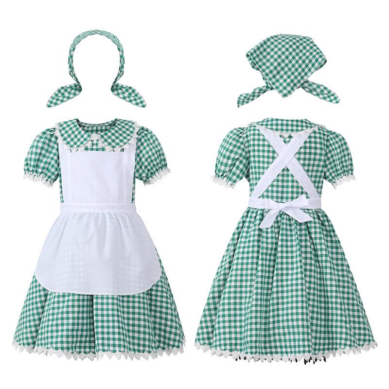 Kids Girls Drama Pastoral Farm Floral Maid Green Lace Dress Apron Hat Set Halloween Cosplay Costumes Role Play Outfit S зелёный