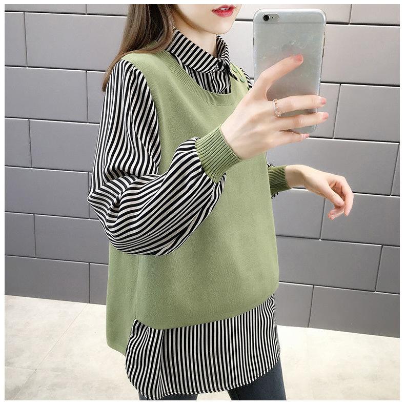 Sweater Women Autumn New Outer Wear Loose Shirt Collar Fake Two Piece Knit Sweater