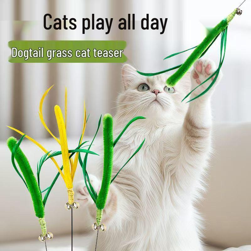 Dogtail Grass Cat Teaser Stick - Long Handle, Bite-Resistant, Steel Wire, Plant-Inspired Pet Toy for Relieving Boredom.