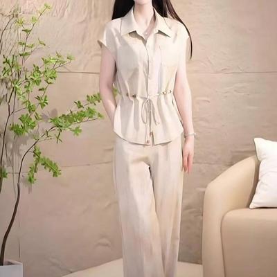 Chic Waist-Cinching Short-Sleeve Top & Wide-Leg Pants Set for Women - Elegant Summer Style