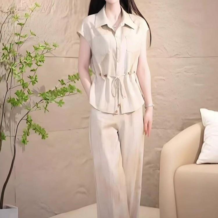 Chic Waist-Cinching Short-Sleeve Top & Wide-Leg Pants Set for Women - Elegant Summer Style