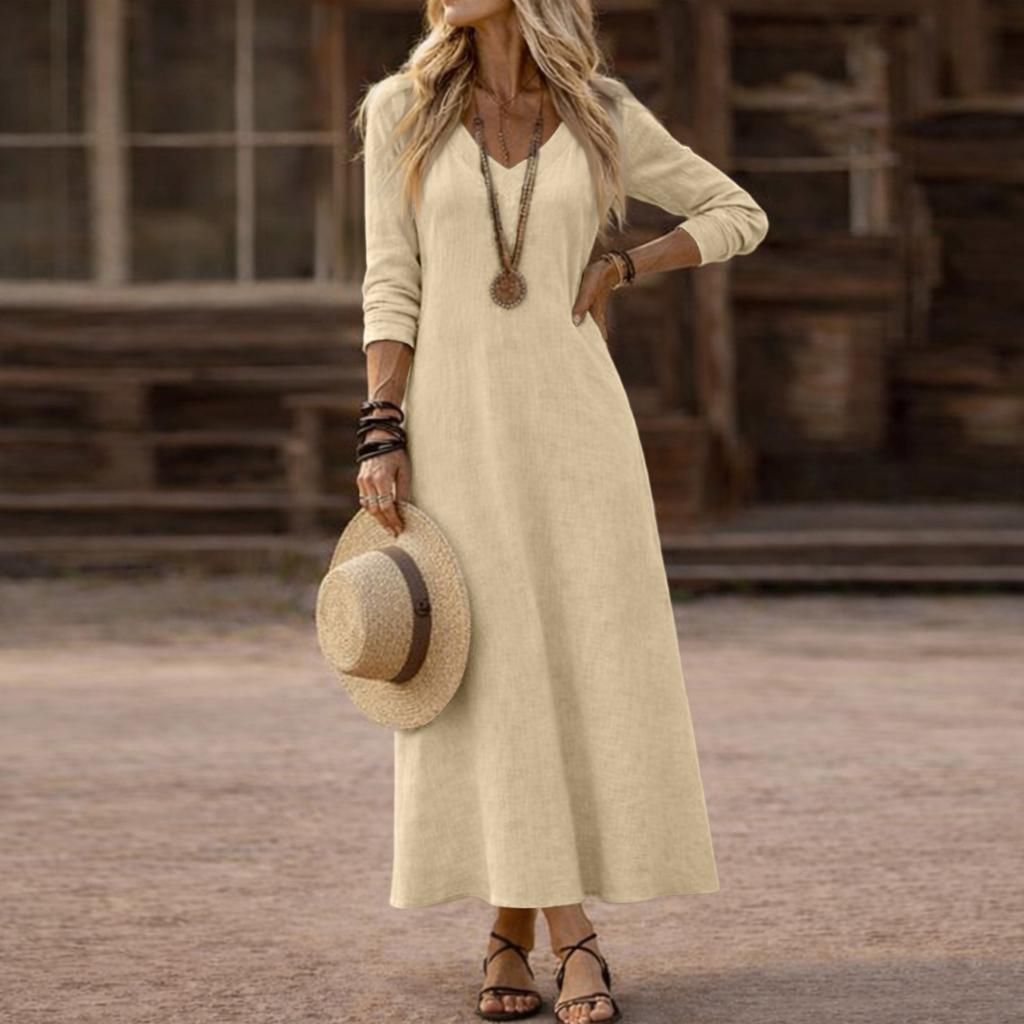 Long Sleeve Maxi Dress for Women Loose Fit Casual Style Vestidos De Mujer V Neck Dresses for Women 2026 Comfortable Daily Wear