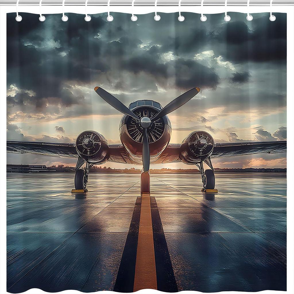 Flugzeug Duschvorhang Flughafen Flugzeug Fliegend Luftwaffe Landebahn Modernes Militär Thema Badezimmer Dekor Polyester Vorhang Mit Haken
