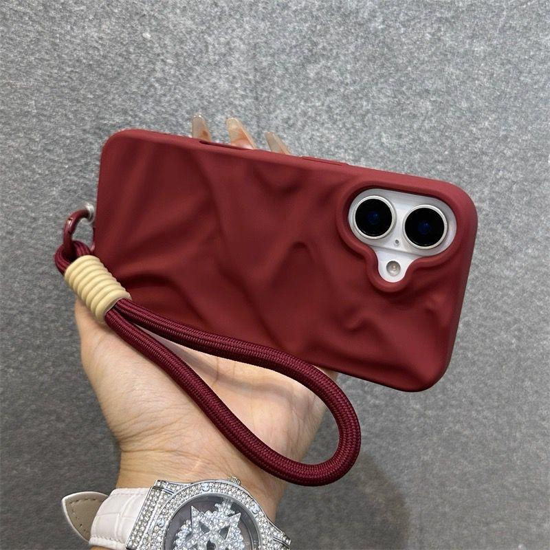 Luxury Matte Wrinkle Matte Wrist Strap Case for iPhone 17 Air 16 15 14 13 12 11 17 Pro Max Candy Ripple Soft Lanyard Cover Funda