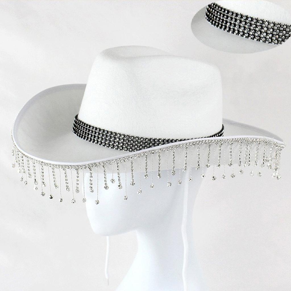 Rhinestone Tassels Cowboy Hat for Women Teens Breathable Wide Brim Beach Hat Music Festival Hat Bachelorette Party Cap