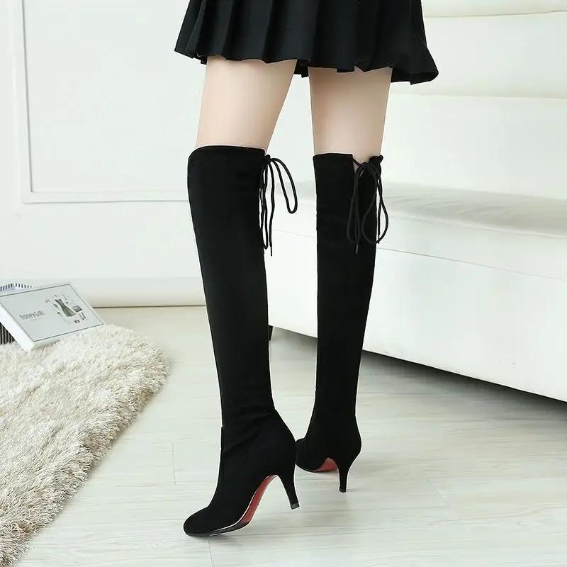 Elegant Heeled Women's Long Boots Pointed Toe Heels Fashion 2024 Ladies Knee High Shaft Shoes Large Size Warm Winter Novelty Pu