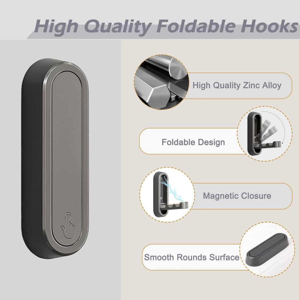 QQM 2Pcs Folding Wall Hooks, Foldable Wall Coat Hooks, Space-Saving Hidden Hooks, Zinc Alloy Heavy Duty Hook for Hanging Coats, Towels, Scarves,