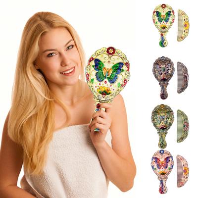 Vintage Folding Hand Mirror with Carved Comb Portable Travel Long Handle Metal Makeup Mirror Women Decorative Handheld Desk Vanity Mirror
