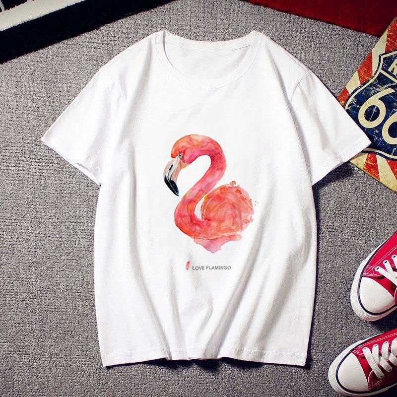 

Летняя футболка женская Harajuku Printing Flamingo повседневная модная футболка с круглым вырезом белые топы женская ткань M белый