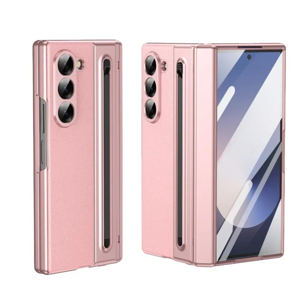 

Samsung Galaxy Z Fold 7/6/5/4/3 Leather Phone Case with Steel Film Pen Slot Hinge Protection Shockproof Cover for Galaxy Z Fold Galaxy Z Fold3 рожевий