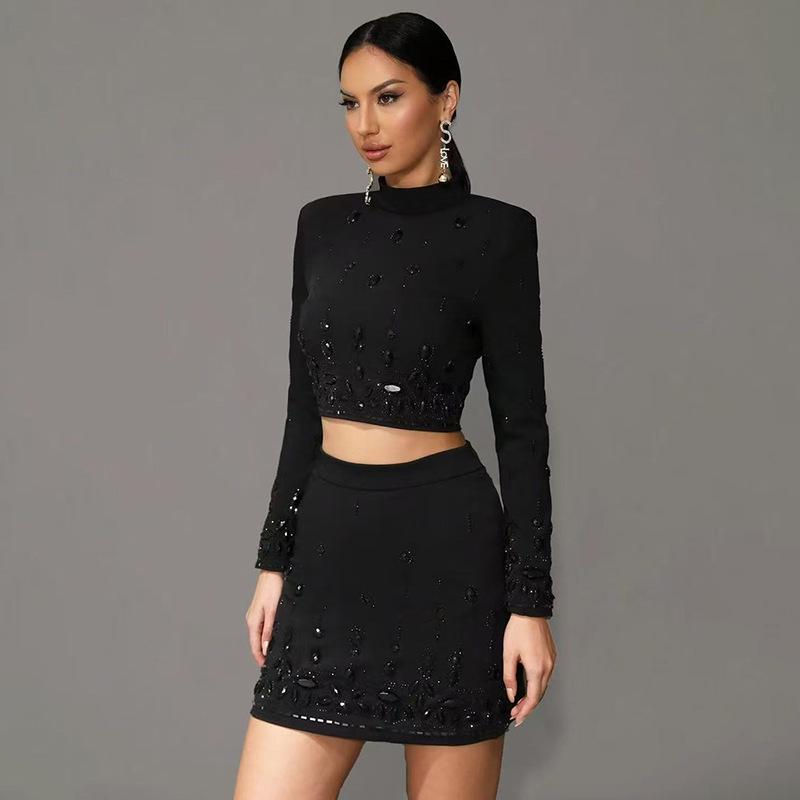 Chic French Socialite Rhinestone Bandage Top & Hip-Hugging Midi Mini Skirt Set