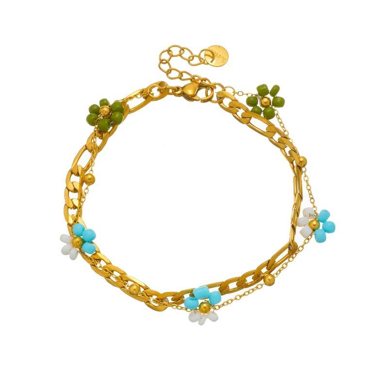 Gold Plated Stainless Steel Double Layer Beaded Flower Bracelet for Women