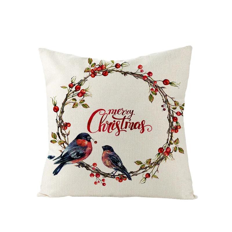 Nordic New Christmas Pillowcase Watercolor Wreath Linen Cushion Cover Sofa Cushion Cover