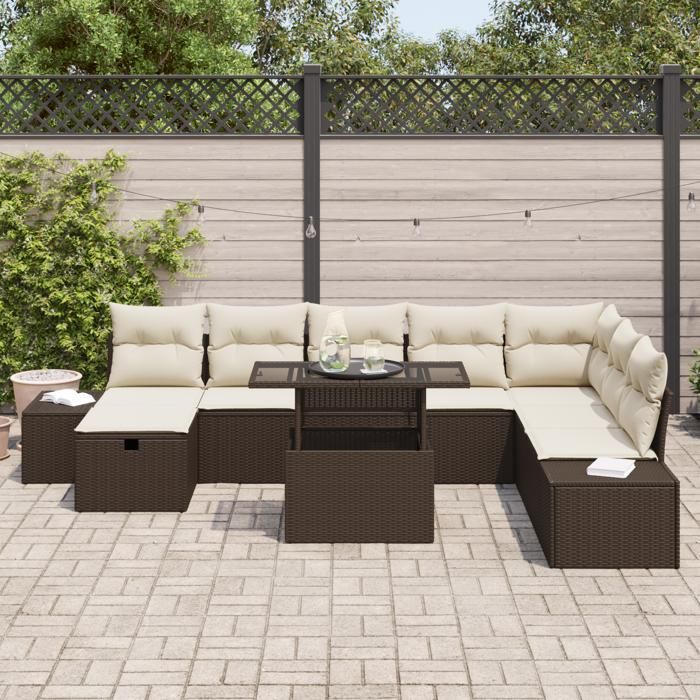 VidaXL Ensemble de canapé de jardin en 9 pièces avec coussins en poly rattan marron 3359895