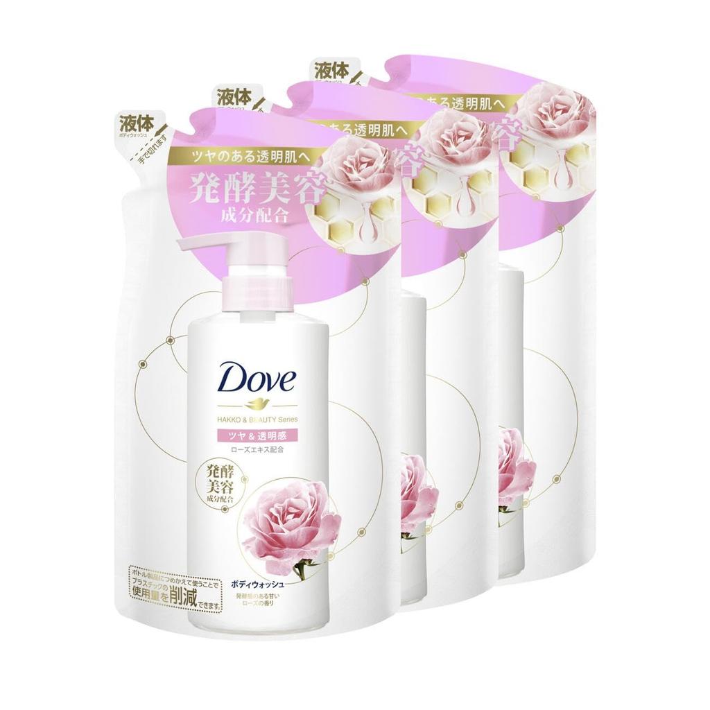 Dove Body Wash Fermented Beauty Shine Refill Pack 340g x Sweet Rose Scent & Series, & Transparency, 3,