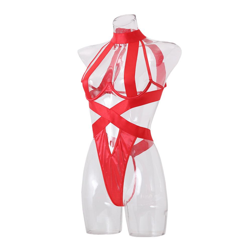 Cross-Border Sexy Patent Leather Hollow Patchwork Bodysuit T924