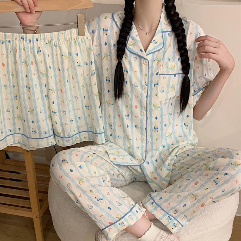 Blue Bear Women's Summer Cotton Pajama Set - Short-Sleeved, Cute Cartoon Design, Three-Piece Loungewear.