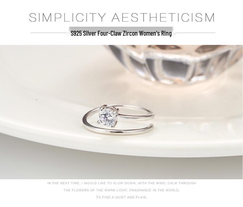 S925 Sterling Silver Adjustable Open Ring with Diamond Inlays - Four-Prong Design, Perfect for Qixi Festival.