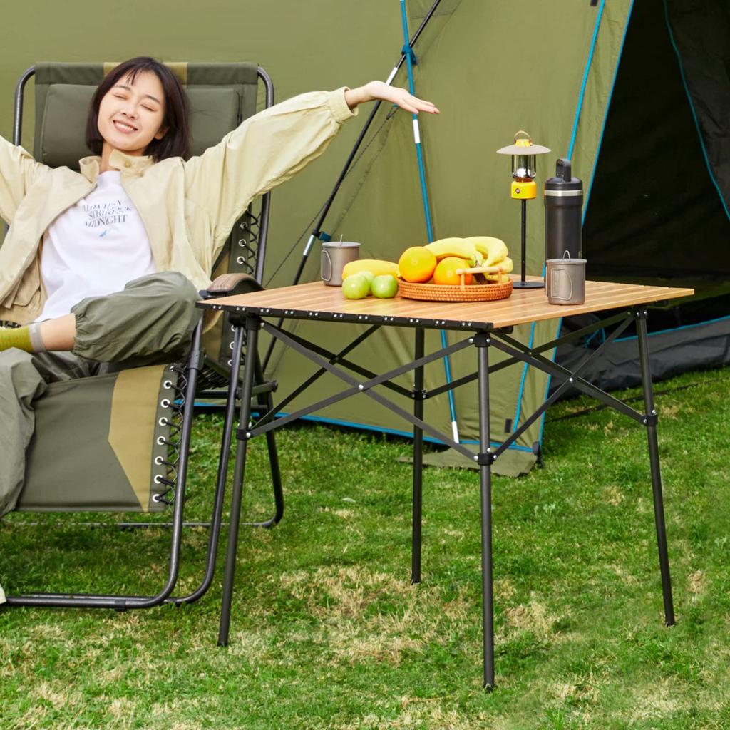 TIMBER RIDGE Outdoor Table Folding Telework Weight Load Capacity 45kg Aluminum Roll Table Camping BBQ Storage Bag Included Compact Home Work Wood